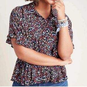 Maeve Anthropologie Floral Ruffled Button Front Mallory Blouse Small Petite
